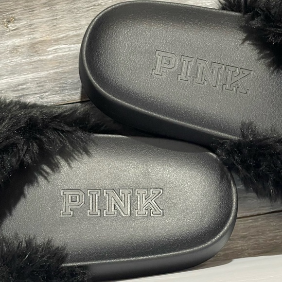 Pink Victoria’s Secret Black Fur Slides Sandals Slippers Size 7 / 8 - Picture 7 of 12